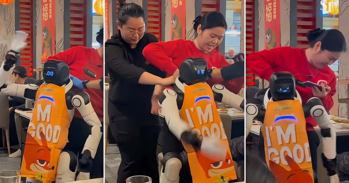 Robot biểu diễn bất ngờ “nổi loạn” trong nhà hàng, đập phá bát đĩa khiến nhân viên vất vả khống chế giữa đám đông hoảng loạn - Ảnh 1.